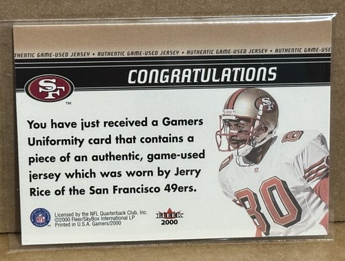 Jerry Rice 2000 Fleer Gamers Uniformidad Juego Usado 4 Colores Jersey Parche SP RARO - Imagen 2 de 2