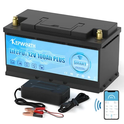 KEPWORTH Batería de litio 12V 100Ah Bluetooth H190 LiFePO4 BMS 1280Wh ciclo profundo autocaravana