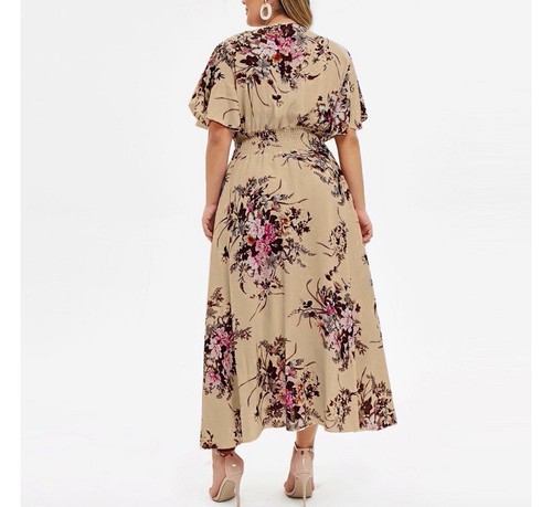 Tan Floral Maxi Dress Size XL Flutter Sleeve Boho V Neck Lightweight - Imagen 2 de 8