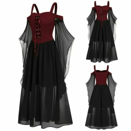 Kleider Plus Gothic Halloween Kleid Schnürärmel Fledermaus Damen Cold Shoulder - Bild 16 von 20