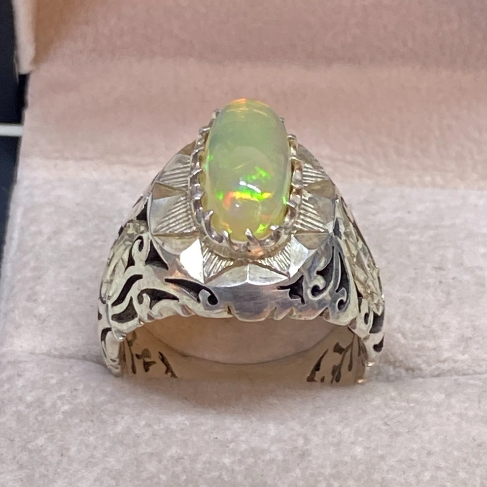 Anillo AAA 925 plata esterlina para hombre natural blanco ópalo australiano piedra a todo color Foto 4 de 4