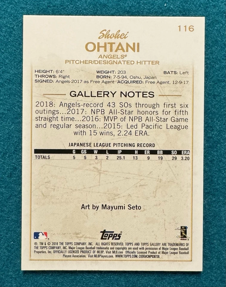 SHOHEI OHTANI 2018 Topps Gallery RC Wood Grain Parallel #116 - Image 2 of 2