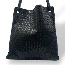 Bottega Veneta Intrecciato Square Shoulder Bag Leather Black From JAPAN