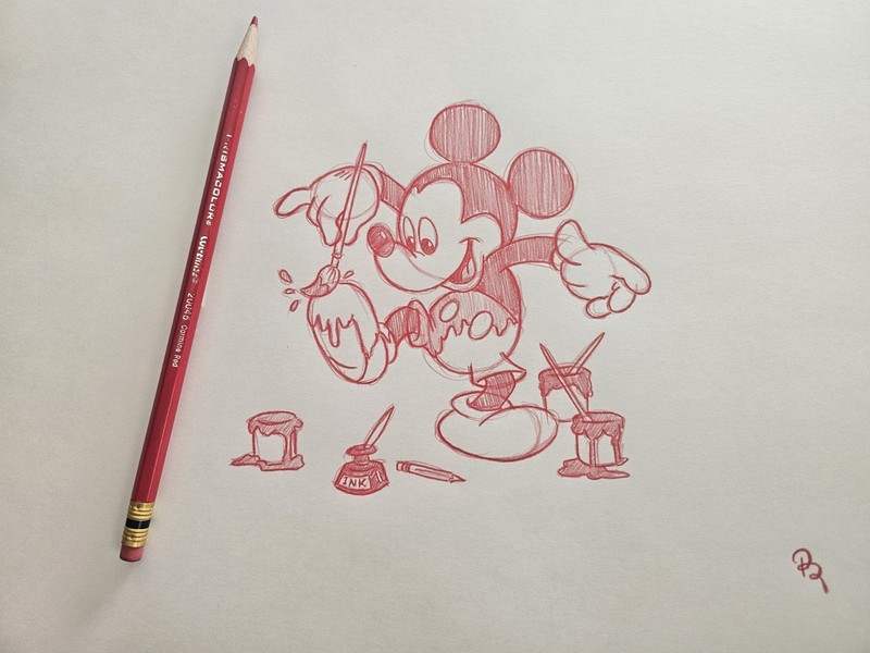 Disney Mickey Mouse painting himself Drawing/Sketch Animation Art Signed