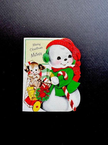 1 Vintage Weihnachtsgrußkarte festlicher Schneemann mit Wagen voller Geschenke & Welpe 🐶 Hund - Bild 1 von 3
