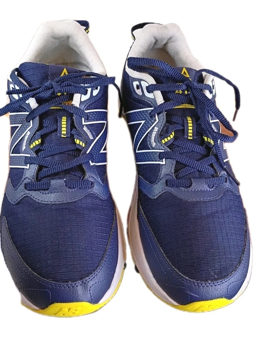Mens New Balance MT 410 V8 Trail Running Shoes Blue Yellow White EUC Size 11