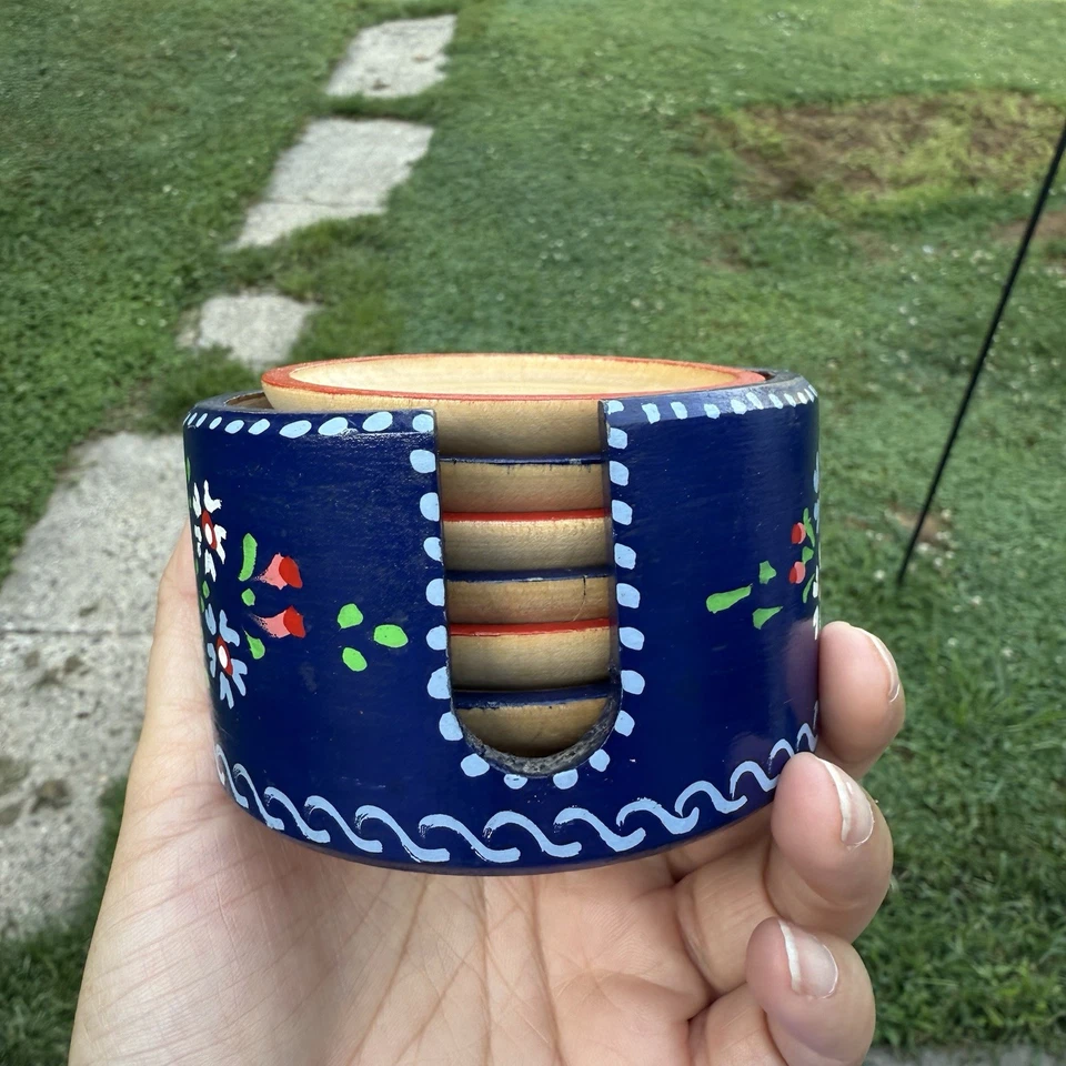 Juego de 6 posavasos de madera vintage pintados a mano Austria floral boho arte popular Foto 3 de 4
