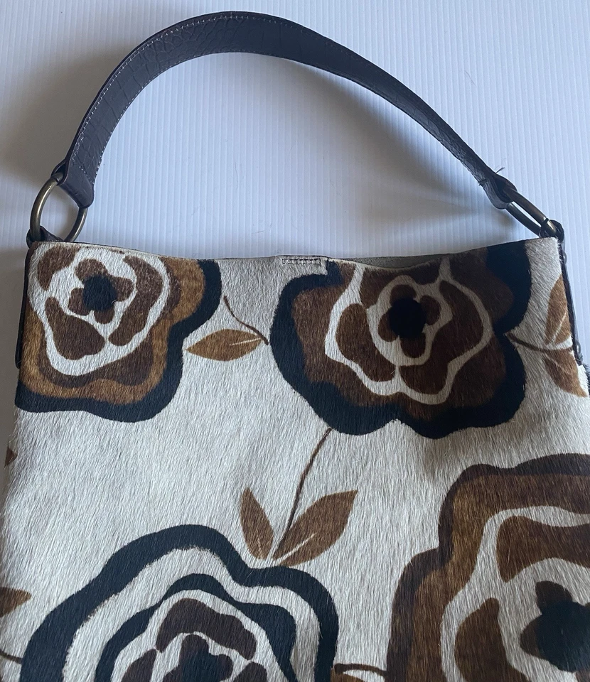 Bolsa tote MAURIZIO TAIUTI couro design floral cabelo animal Hobo Itália 14” de altura - Imagem 2 de 4