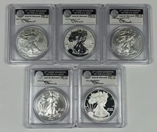2011 25TH ANNIVERSARY 5 COIN SILVER EAGLE SET MS70 + PR70 MERCANTI FIRST STRIKE