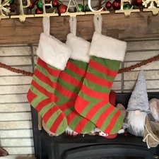 1 CHRISTMAS STOCKING GREEN RED Striped ELF Boot Velvet WHIMSICAL  White Fur