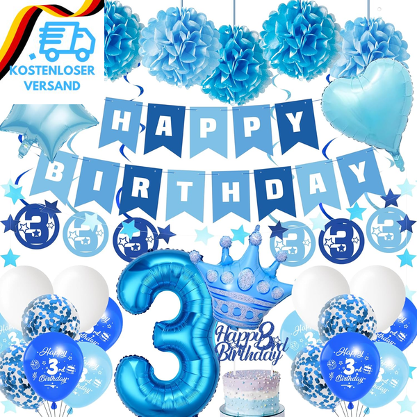 Geburtstag 3 Jahre Junge Luftballon - 35 StüCk Blau Happy Birthday Banner Riesen-image