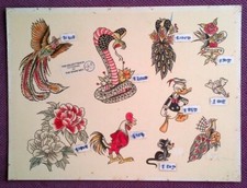 BOB SHAW, LEGENDARY TATTOO PIONEER - LARGE VINTAGE ORIGINAL TATTOO FLASH SHEET