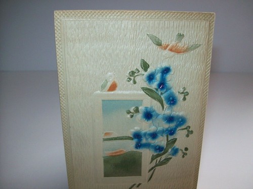 Happy Birthday Postcard Vintage Raised Image Blue Flowers Window Embossed 1917 - Picture 2 of 7
