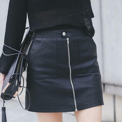 Women's Pure Genuine Lambskin Leather Skirt Pockets Classy Silver Zip Mini  Skirt