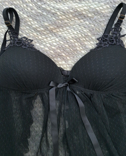 In Bloom Jonquil Sexy Sheer Black Lace Tie Back Babydoll Negligee Medium - Picture 3 of 6