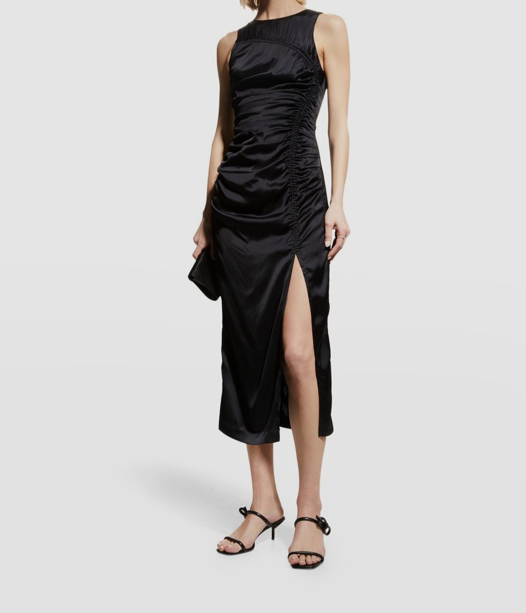 $495 Rhe Women's Black Kim Silk Ruched Sleeveless Midi Bodycon Dress Size  34 | eBay