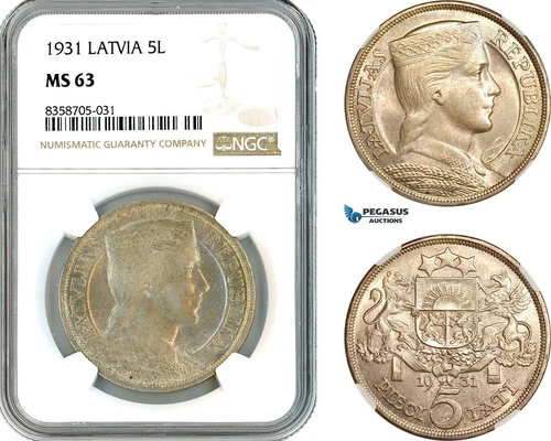 AK560, Latvia, 5 Lati 1931, Silver, NGC MS63