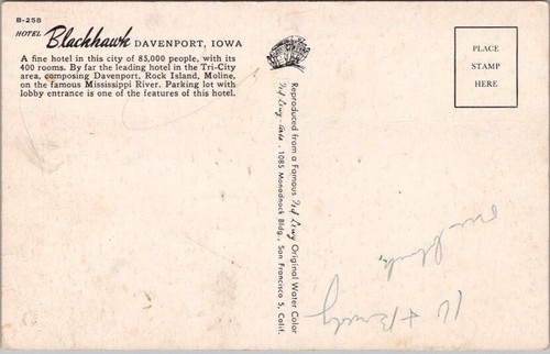 DAVENPORT, Iowa Postcard "HOTEL BLACKHAWK" Artist-Signed TED LEWY c1950s Unused - Afbeelding 2 van 2