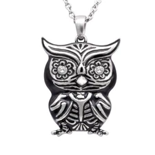 Owl Pendant Necklace Skeleton Luck Bird with White Swarovski Crystals