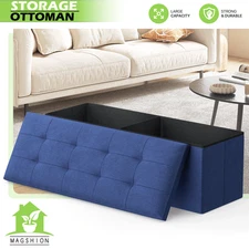 43" Storage Ottoman Lift Top Fabric Upholstered Seat End of Bed Footstool Blue