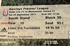 2011 Stoke City vs Manchester United Ticket Stub Premier League
