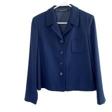 Tahari Blazer Womens Size 8 Navy Blue Four Button Jacket 100 Wool USA Career