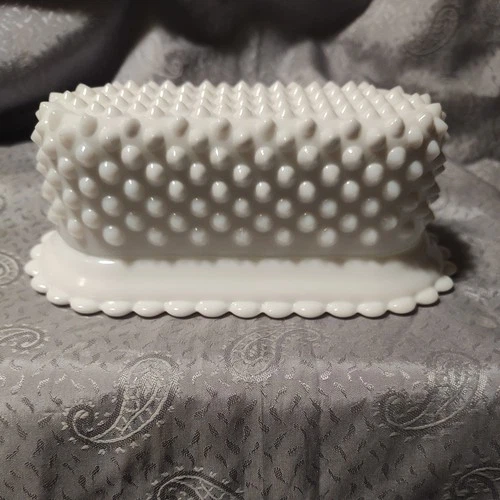 Vintage Fenton Hobnail Milk Glass Covered Butter Dish With Scalloped Edge #3977