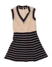 VINTAGE Womens Sleeveless A-Line Dress UK 10 Small Navy Blue Striped AA04