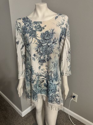 Cal Style 3/4 Sleeve Blue Floral Fringe Beaded Stretch NWOT Blouse Size 2XL