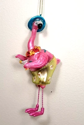December Diamonds Pink Flamingo Glass Ornament 6" Christmas w/ Drink 05-05090