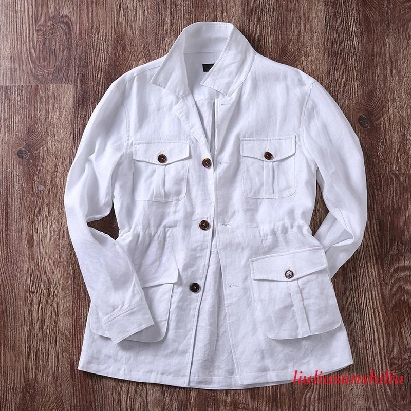 100% Linen Men British Outdoor Coat Safari Jacket Multi Pockets Hunting Coat Top