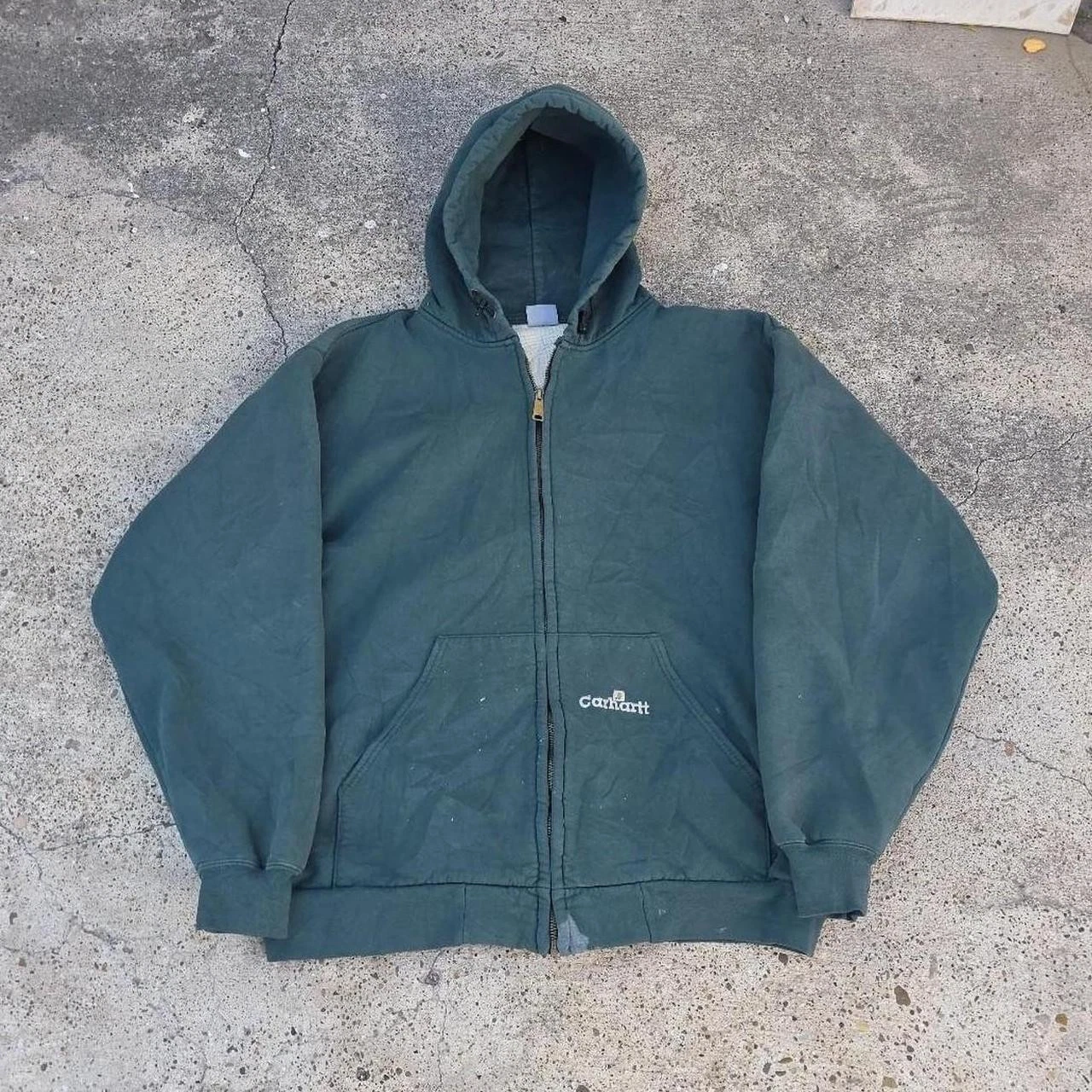 Vintage Green Carhartt Thermal Lined Zip-Up Hoodie Jacket Distressed
