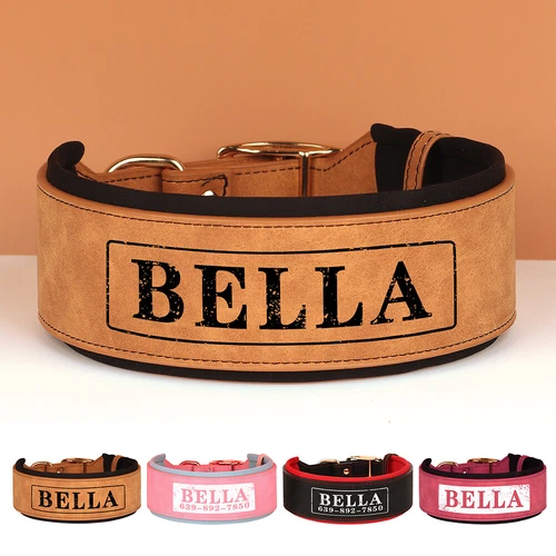 Personalized Dog Collar with Name Wide Leather Padded Rottweiler Labrador M-XL