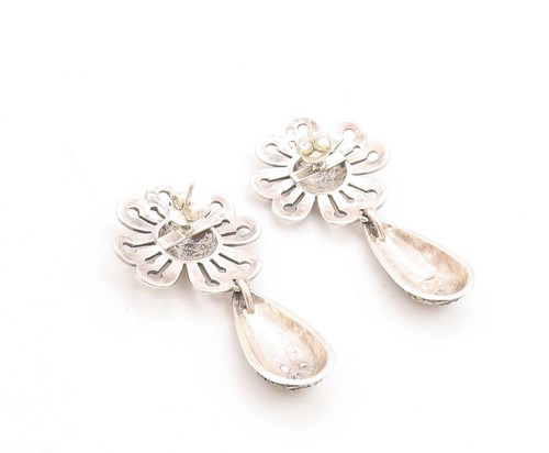 925 Sterling Silver Vintage Earrings Designer Flower Cut Marcasite Inlay EG13295 - Picture 4 of 9