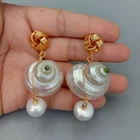 White Freshwater Cultured Pearl Natural White Sea Shell Dangle Stud Earrings