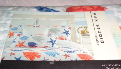 MAX STUDIO Home Fish & Seashell  Ocean Set Of 2 Standard Pillow Shams NEW!!