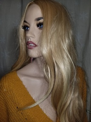High Quality Long Wavy Blonde Mix Wig Synthetic Hair Natural Part