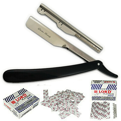 100 BLADES + CLASSIC PLASTIC STRAIGHT EDGE BARBER RAZOR SALON SHAVETTE BLACK