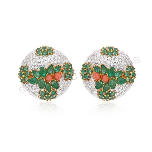 Sambianischer Smaragd H/Si Diamant Koralle Edelstein Ohrringe 18k Gelbgold - 第 1/11 張圖片