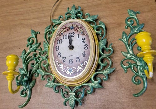 Vintage Mid Century Spartus Electric Wall Clock Scrolls & Flowers Candle Holders - Picture 11 of 21