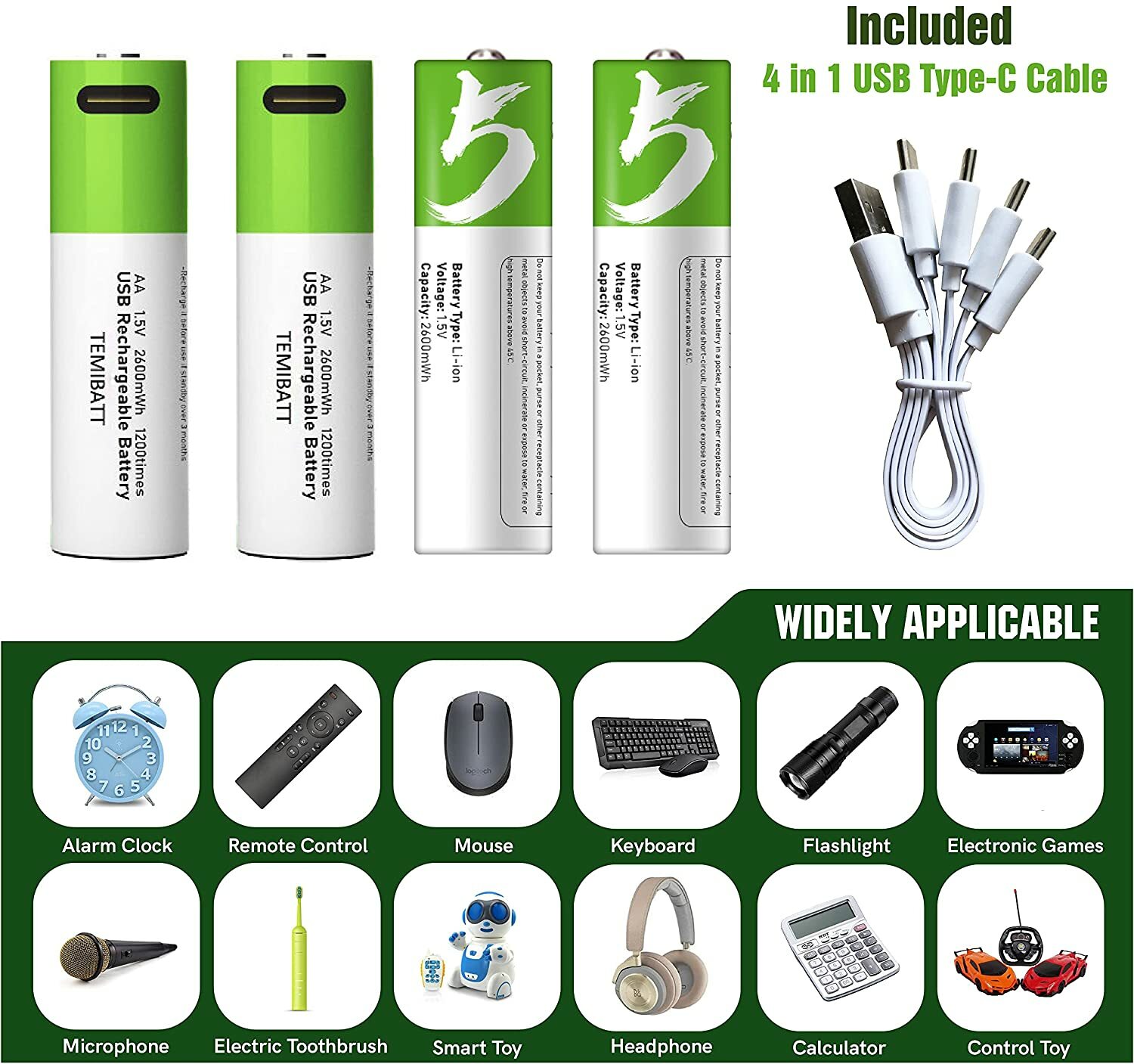 Rechargeable aa Batteries With Charger 2600mWh ion Battery USB Type-C Charging-image