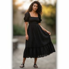 Ganni Black Broderie Anglaise Cotton Maxi Dress Prairie Romantic EU 36 US 4-6