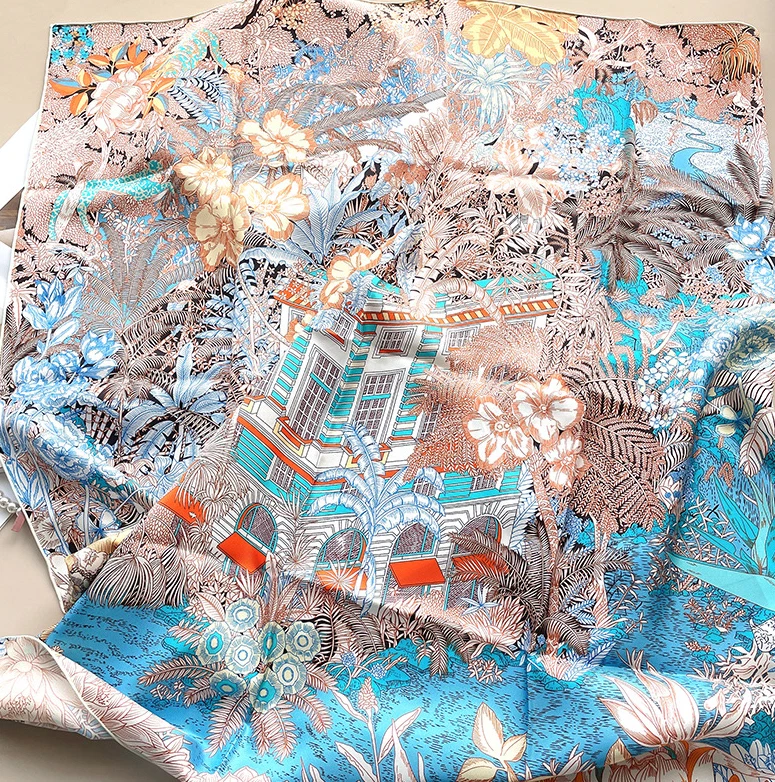 100% Twill Silk Bandanna Shawl Scarf Square Blue shrub Print 90X90cm Wrap new