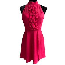 BCBGeneration Rouge Red Pink Ruffle Sleeveless Open Back Chiffon Halter Dress 4