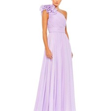 NWT MAC DUGGAL POLKA DOT ASYMMETRICAL RUFFLE LONG FORMAL GOWN LILAC‎ 12 49536