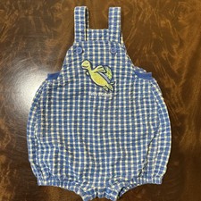 Vintage Oshkosh Blue Seersucker Plaid Turtle Bubble Romper Size 6-12 Mths