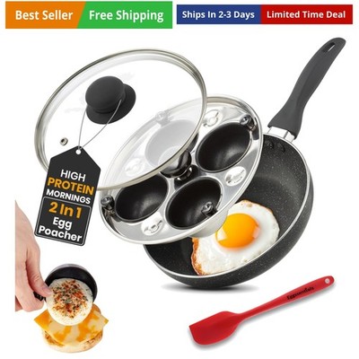 2 IN 1 Egg Pan & Egg Poacher Pan, Granite Nonstick Fry Pan Poached Egg Maker ...