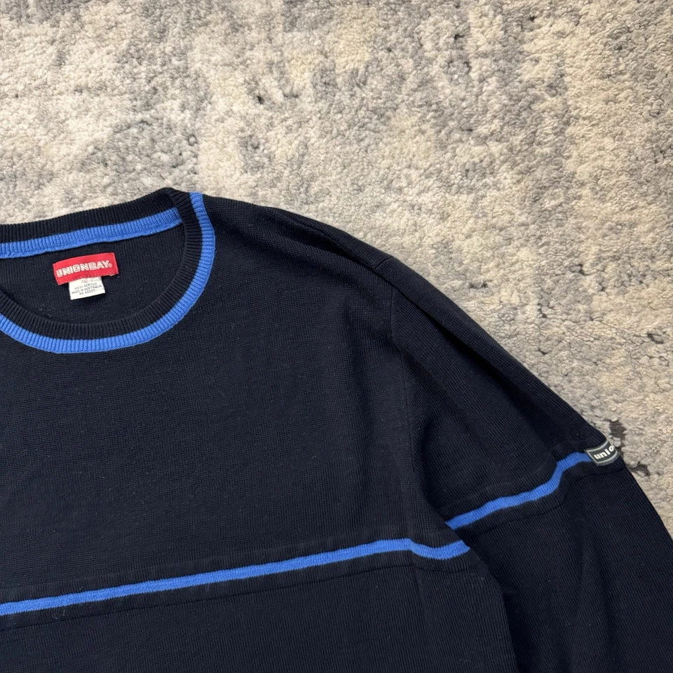 复古 90 年代 Unionbay 毛衣男式 XL 黑色蓝色条纹圆领 — 第 2/4 张图片