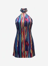 Multi-Color Abstract Print Halter Mini Dress