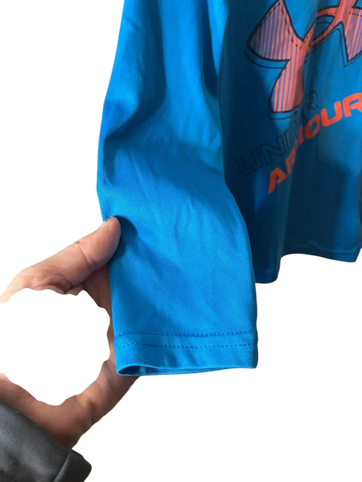 Under Armour Small Size 6-7 Long Sleeve Shirt Blue Orange Logo Loose HeatGear - Image 3 of 4